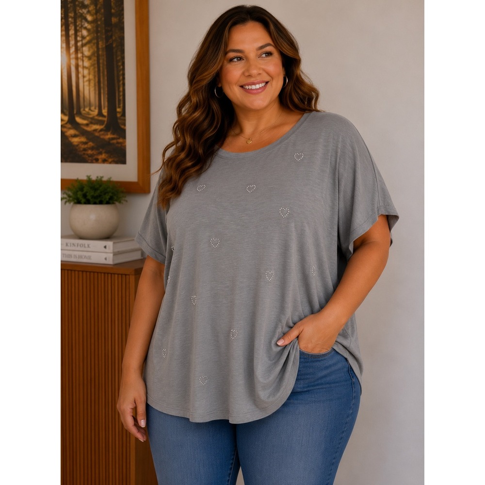 Maurice's 24/7 Grey Slub Knit Rhinestone Heart Short Sleeve Tee Shirt 2X